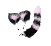 (Negro rosa) Tapón anal de cola de conejo esponjoso, bonito juego de aro para orejas de gato para cosplay,