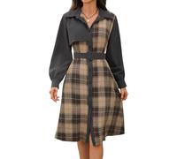 Negro,S,Vestido Camisero a Cuadros para Mujer, Vestido hasta la Rodilla de Pana Informal de Negocios de Manga Larga para Otoño e Invierno con cinturón