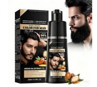 Negro Tinte Pelo Hombre 4 en 1 Champú Colorante con Aceite de Argán, Cobertura Natural de Canas, Champú Anticanas Suave para Barba y Cabello, Cuidado Diario, 200 ml
