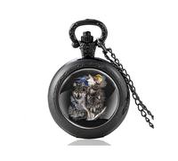 (Negro) Un grupo de lobos bajo la luna, reloj de bolsillo de cuarzo vintage negro, collar con colgante