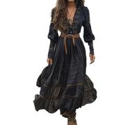Negro,XL,Vestido Largo Estilo Western Vintage para Mujer, Vestido Casual Holgado de Manga Larga con Cuello en V, Vestido Largo campestre Holgado con Flores
