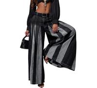 ,Negro,XXL,Pantalones de Mezclilla de Mujer de Tiro Alto con Parche a Rayas, Pliegues en el Frente, de Pierna Ancha y Holgados, Vaqueros Sueltos y a la Moda para Curvas