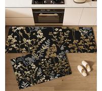 Negro Y Dorado Juego de 2 Tapetes de Cocina, Ramas, Hojas Y Flores De Plantas. Alfombrillas Plantas Retro, Tapetes Antideslizantes Lavables de Goma, Accesorios Decorativos de Cocina - 50x80+50x150cm