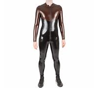 Negro y marrón de dos colores de empalme sexy hombres de látex Catsuit de goma Fetiche body hecho a mano traje mono, amarillo principal, M