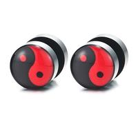 Negro y Rojo Yin Yang Pendientes Enchufe Falso Fake Plug, Pendientes de Hombre, Aretes, Cierre Tornillo, 1 Par