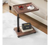 NEGTTE C End Table Adjustable Height, 360° Swivel TV Tray Table for Small Spaces, Sofa Tables That Slide Under, C Shaped Side Tables with Wheels for Living Room and Bedroom (Walnut-Height Adjustable)