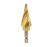NEIKO 10180A Quick Change Step Drill Bit | Four Flute Spiral Grooved Design | 12 Sizes in One | 3/16” - 7/8” | 1/4 Inch Hex Shank | SAE | Nitride Coated High Speed Steel | Multi Tool | Deburrs