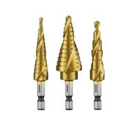 NEIKO 10181A - Juego de brocas escalonadas, 3 piezas, ranuradas en espiral para una perforación más rápida, brocas escalonadas para acero inoxidable, metal, madera, plástico, brocas de cono Unibit con