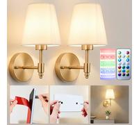 Nekhung Juego de dos apliques de pared que funcionan con pilas, lámpara de pared inalámbrica con bombilla magnética regulable RGB de 10000 mAh y control remoto, lámpara recargable para decoración de