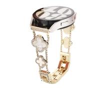 Nekiyo Tech Pulsera de Diamante Bling de Trébol de Cuatro Hojas Compatible con Samsung Galaxy Watch Band 7/FE/6/5/4/3 & Watch 5 Pro & 6/4 Classic & Gear S3/S2, 20mm & 22mm - Oro Blanco