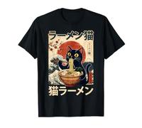 Neko Ramen Black Cat Great Wave Arte japonés Estilo Ukiyo-e Camiseta