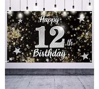 Nelbiirth Banner Grande de Estrella Negra y Plateada de Feliz cumpleaños 12 - Saludos a Doce años - Fondo fotográfico de Pared para el hogar, decoración de Fiesta de 12 cumpleaños.