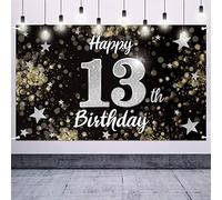 Nelbiirth Banner Grande de Estrella Negra y Plateada de Feliz cumpleaños 13 - Saludos a Trece años - Fondo fotográfico de Pared para el hogar, decoración de Fiesta de cumpleaños 13.