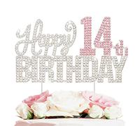 Nelbiirth Decoración para tartas de Happy 14th Birthday Silver & Pink Rhinestone - Cheers to 14 Years Old Catorce Bday Metal Sparkly Cake Centerpieces Topper Decoración Sign.