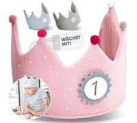 NeLi Corona de cumpleaños infantil de muselina con números del 1 al 9 para niñas, niños, fiestas, sombrero, corona de tela en tres colores (rosa)