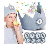 NeLi Corona de cumpleaños infantil de muselina con números del 1 al 9 para niños y niñas, corona de tela en tres colores (gris azul)
