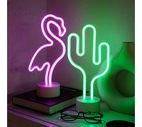 NELUX Pack de 2 Flamenco y Cactus - Luces de Neón LED, Lámpara Neón Escritorio Habitación Gaming, Cartel Luminoso Decorar Pared Dormitorio Gamer Adolescentes, Figura LED Forma. Conexión USB o Pilas