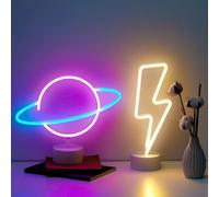 NELUX Pack de 2 Rayo y Planeta - Luces de Neón LED, Lámpara Neón Escritorio Habitación Gaming, Cartel Luminoso Decorar Pared Dormitorio Gamer Adolescentes, Figura LED Forma. Conexión USB o Pilas