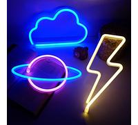 NELUX Pack de 3 Rayo, Planeta y Nube - Luces Neón LED para Pared de Habitación Gaming, Luz Neón Decoración Gamer, Figura LED Forma, Cartel Luminoso Decorar Dormitorio. Conexión USB o Pilas