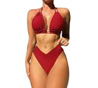 Nemeir Bikini Mujer Push Up Ajustable,Traje de Baño Mujer con Tipo Halter Triángulo,Escote en V,Talle Alto para Playa,Natación,Tomar el Sol,Surf