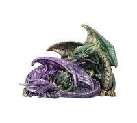 Nemesis Now Precious Hoard - Figura de la familia de dragones - Estatua de resina pintada a mano con ojos brillantes LED, dragones verdes y morados con bebé, criatura mítica de fantasía coleccionable