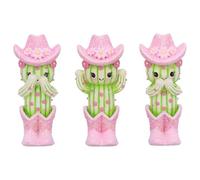 Nemesis Now Tres figuras de cactus sabios de 9,5 cm - See No Evil Hear No Evil Speak No Evil Cactus Decor Set, sombrero de vaquero rosa, coleccionables de resina pintada
