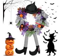 NEMMXUB 35cm Decoración de Corona de Halloween, Corona de Bruja de Halloween, Corona de Bruja con pies y Sombrero de Bruja y Calabaza, Corona de Halloween, Decoración Puerta Halloween para Casa