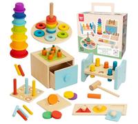 Nene Toys Caja de Juguetes Montessori para Bebés de 12 a 24 Meses | Caja de Actividades 3 en 1, Vasos Apilables de Silicona, Banco de Martillar, Puzle de Formas y Torre de Anillos