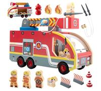 Nene Toys Camión de Bomberos de Madera - Juguete Educativo Magnético para Niños desde 2 Años - Escalera Giratoria 360°, Mangueras Magnéticas, Hidrante, Bomberos & Dálmata, Regalo Montessori Madera FSC