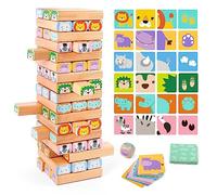 Nene Toys Juego de Construcción con Bloques de Madera - Juego Familiar de Mesa 4 en 1 con Bloques de Construcción, Cartas y Dado - Juguete Educativo con Animales de Safari para Niños de 3 a 9 Años