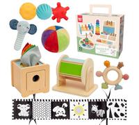 Nene Toys Juguetes Montessori Bebé 0-6 Meses - Caja Sensorial 7-en-1 con Libro Blanco y Negro, Caja Pañuelos, Tambor Madera Giratorio, Pelotas Sensoriales, Mordedor y Sonajero - Regalo Recién Nacido