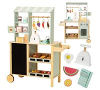 Nene Toys Tienda de Supermercado de Madera - Puesto de Mercado Todo-en-Uno con Caja Registradora, Balanza, Pizarra, Barra Colgante, Asa & Ruedas - Lado Reversible con Horno - Regalo Niños 3-7 Años