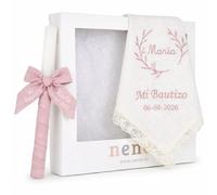 Nenel | Kit de Bautizo Personalizado con Vela y Paño Bordado en Lino Natural - Bambula Rosa Maquillaje - Regalo Recuerdo Original Bautismo - Cirio y Toalla Bautismal con Nombre y Fecha