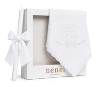 Nenel | Kit de Bautizo Personalizado con Vela y Paño Bordado Plumeti Blanco - Regalo Recuerdo Original Bautismo - Cirio Bautismal con Lazo y Toalla con Nombre y Fecha