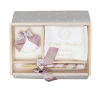 Nenel Kit de lujo Personalizado para Bautizo - Conjunto de Vela, Pañuelo y Concha bordado - Caja de madera grabada con el nombre y fecha del Bautismo - Modelo París (Rosa Maquillaje)