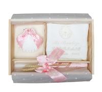 Nenel Kit de lujo Personalizado para Bautizo - Conjunto de Vela, Pañuelo y Concha bordado - Caja de madera grabada con el nombre y fecha del Bautismo - Modelo París (Rosa bebé)