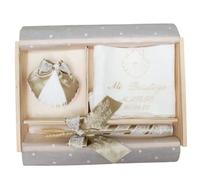 Nenel Kit de lujo Personalizado para Bautizo - Conjunto de Vela, Pañuelo y Concha bordado - Caja de madera grabada con el nombre y fecha del Bautismo - Modelo París (Camel)