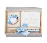 Nenel Kit de lujo Personalizado para Bautizo - Conjunto de Vela, Pañuelo y Concha bordado - Caja de madera grabada con el nombre y fecha del Bautismo - Modelo París (Celeste)