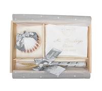 Nenel Kit de lujo Personalizado para Bautizo - Conjunto de Vela, Pañuelo y Concha bordado - Caja de madera grabada con el nombre y fecha del Bautismo - Modelo París (Gris)