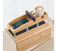 Nenkarn Bandeja de bambú plegable con soporte para tazas, bandeja de brazo de sofá de bambú, mesa magnética 3 en 1, antideslizante, desmontable, para bebidas, teléfono celular, TV, aperitivos remotos