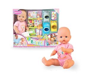 Nenuco - Cuida y Recicla, Muñeco Bebé de 42 cm y Cuerpo Duro y Body Rosa, Accesorios para Dar de Comer, Cambiar Pañal y Curar Heridas, Incluye 3 Contenedores de Reciclaje, +3 Años, Famosa (NFN98000)