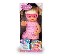 Nenuco - Gafas, Muñeca Bebé con Gafitas Rosas y Pelo Rubio con 2 Coletas, Incluye 3 Parches de Colores para juagar a taparle un Ojo como a los niños, Lleva un Vestidito, +2 años, Famosa (NFN20000)