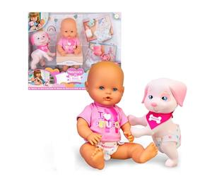 NENUCO & Petuco, Muñeco Bebé de 35 cm y el Cachorro Petuco de Cuerpo Duro, Ambos Son Bebés y debes Cuidarlos, Accesorios para Ambos, Camiseta, Pañal, Chupete y Biberón, +3 Años, Famosa (NFNA6000)