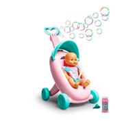NENUCO - Sillita de Pompas, Carrito de Paseo Que Hace pompitas, asa Regulable, muñeco Bebe 35 cm de Cuerpo Duro, con Bote de jabón para Hacer Burbujas, niños y niñas Desde 2 años, Famosa (NFN64000)