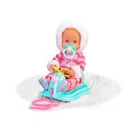 Nenuco - Trineo - Muñeco Bebe de Cuerpo Duro, 35 cm, su Nariz Cambia de Color con el Frio, Accesorios: Chupete y Trineo con Ruedas, Mono Rosa de Nieve, +2 años, Famosa (NFN59000)