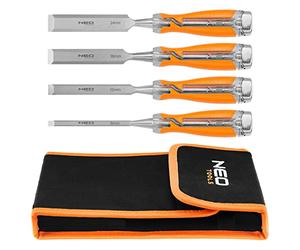 NEO TOOLS Juego de 4 cinceles de 6/12/18/24 mm, con mango bicomponente, incluye estuche, juego de herramientas versátil, para artesanos, talladores de madera y aficionados
