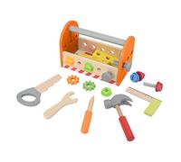 NEO TOOLS Juego de herramientas de madera para niños, caja de herramientas, sierra, llaves, 2 listones, hierro angular, martillo, destornillador ranurado, 2 remaches, 2 engranajes, 4 tornillos, 4
