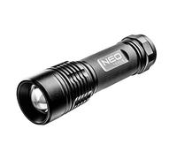 NEO TOOLS Linterna de aluminio con zoom 3 x AAA. Cree XP-E2 3 W, 200 lúmenes, 3 modos (100%, 50%, señal intermitente), clase de protección IPX7, Focus, carcasa de aluminio, tiempo de funcionamiento de
