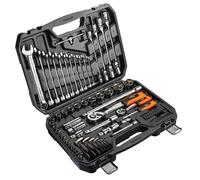 Neo Tools Maletín de herramientas lleno de 77 piezas, juego de llaves de vaso de 1/4" y 1/2", acero especial al cromo vanadio, para recibir llaves, extensión, articulación de carraca, juego de puntas,