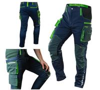 Neo Tools Pantalones de Trabajo para Hombre, 62% algodón, 35% poliéster, 3% Elastano, Zona de Las Rodillas Reforzada con Cordura, Insertos Laterales de Tejido Acanalado, Azul Marino, Talla XS